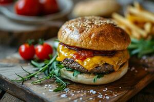 ai generato cibo fotografia di un' hamburger al formaggio con copia spazio foto