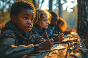 ai generato scuola materna bambini disegno un' natura oggetto a un' parco durante Alba foto