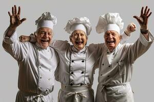 ai generato chef sorridente e felicemente celebra loro realizzazione foto