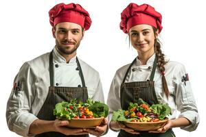 ai generato chef sorridente e felicemente mostrando loro prelibatezze foto