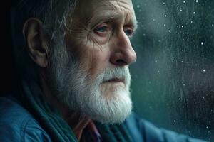 anziano uomo triste e depresso guardare su di il finestra con gocce di pioggia su il bicchiere finestra su un' piovoso giorno ,generativo ai. foto
