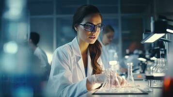 ai generato scientifico eccellenza. giovane donna nel laboratorio cappotto e bicchieri principale medico scienza squadra. medico innovazione centro. giovane donna scienziato nel laboratorio con specialista squadra sfondo foto