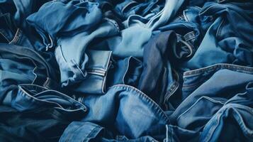 ai generato assortito spiegazzato blu jeans - superiore Visualizza denim pila sfondo. alla moda varietà di strutturato piegato denim. elegante capi di abbigliamento Schermo ideale per design concetti, e abbigliamento marketing foto