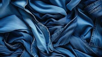 ai generato varietà di spiegazzato blu jeans. superiore Visualizza per pila di jeans denim. superiore Visualizza pila di spiegazzato blu jeans, assortito denim sfondo. capi di abbigliamento varietà e strutturato piegato denim Schermo foto