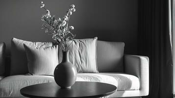 ai generato nero e bianca interno design di vivente camera con divano e vaso, ai generativo foto