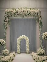 ai generato romantico interno nozze fondale con a cascata fiori foto