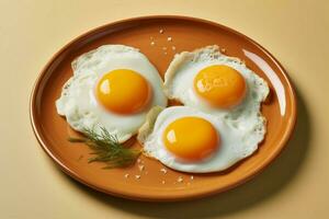 ai generato nutriente Incremento fritte uova, un' salutare prima colazione su un' giallo sfondo foto