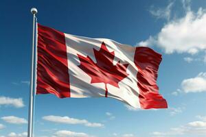 ai generato agitando Canada bandiera nel 3d, contro un' chiaro blu cielo foto