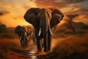 ai generato sera tiro nel kruger nazionale parco elefanti attraversamento il olifant fiume foto