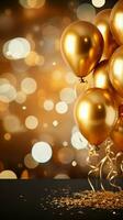 ai generato d'oro palloncini e coriandoli su un' bokeh sfondo, 3d interpretazione verticale mobile sfondo foto