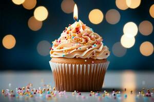 ai generato compleanno Cupcake con ardente candela, avvicinamento, leggero sfondo foto