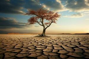 ai generato solitario bellezza solitario albero in modo resiliente in piedi nel un' Cracked deserto foto