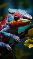 ai generato colorato camaleonte mutevole suo colori, vicino su su il ramo verticale mobile sfondo foto