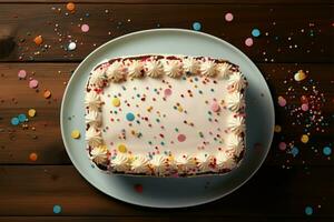 ai generato celebrativo superiore Visualizza compleanno torta con coriandoli su di legno sfondo foto
