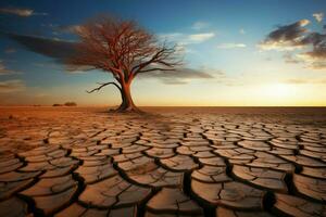 ai generato deserto resilienza solitario albero coraggiosamente sta nel il Cracked distesa foto