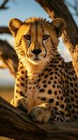 ai generato serengeti avvistamento ghepardo macchiato con grazia su un' albero tronco verticale mobile sfondo foto