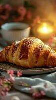 ai generato forno beatitudine prima colazione scena con brioche, tazza, bokeh mattina ambiance verticale mobile sfondo foto