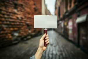 ai generato urbano protesta maschio mano Tenere un' vuoto cartello contro mattone foto