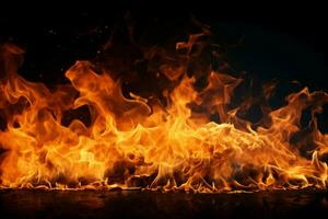 ai generato intenso calore ipnotizzante fuoco fiamme su un' Impressionante nero fondale foto
