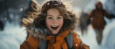 ai generato ritratto di un' allegro, poco ragazza vestito nel un' caldo inverno cappotto e cappello, ridendo in mezzo un' nevicata. foto