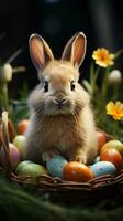 ai generato Pasqua Domenica scena carino coniglietto con colorato uova, sfocato erba verticale mobile sfondo foto