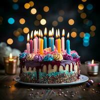 ai generato Visualizza colorato compleanno torta con illuminato candele contro un' fondale di luci per sociale media inviare dimensione foto