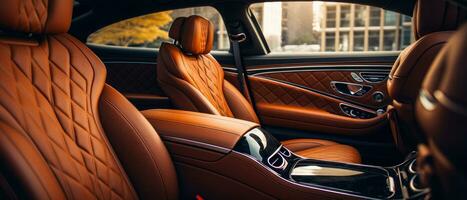 ai generato lusso auto interno con abbronzatura pelle sedili, classico eleganza. ai generativo. foto