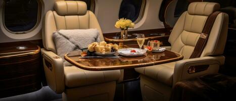 ai generato opulento privato Jet interno, elegante tavolo, elegante sedie. ai generativo. foto
