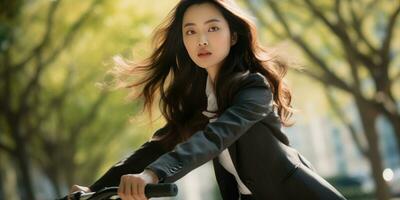 ai generato elegante stile ufficio asiatico ragazza su bicicletta. ai generativo. foto