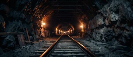 ai generato tramonto illuminante un' Ferrovia tunnel. ai generativo. foto