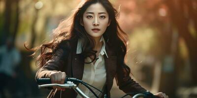 ai generato elegante stile ufficio asiatico ragazza su bicicletta. ai generativo. foto
