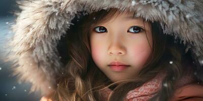 ai generato giovane ragazza nel pelliccia cappotto con intenso sguardo. ai generativo. foto