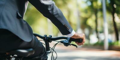 ai generato elegantemente vestito uomo su bicicletta, vivace all'aperto, soleggiato tempo atmosferico. ai generativo. foto