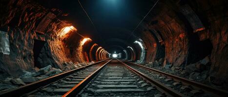 ai generato tramonto illuminante un' Ferrovia tunnel. ai generativo. foto