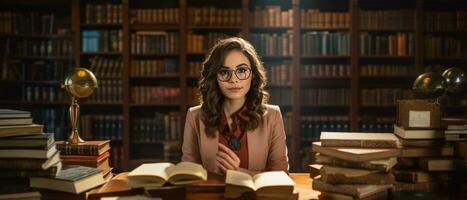 ai generato di moda femmina alunno seduta tra libreria nel un vecchio Università biblioteca, profondamente assorto nel studiando. foto