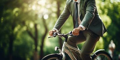 ai generato uomo su bicicletta nel città, casuale abbigliamento, vivace urbano scena. ai generativo. foto