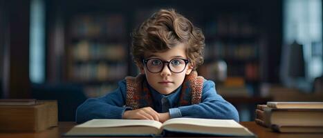 ai generato giovane lettore nel maglione e occhiali, assorbito nel incantevole storia,. ai generativo. foto