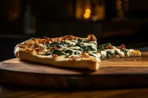 ai generato bianca Pizza con ricotta e spinaci su un' di legno tavolo, medio angolo tiro foto