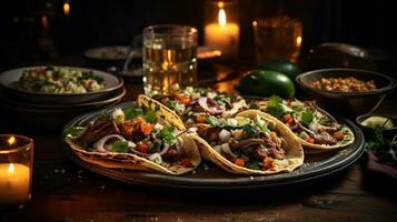 ai generato tradizionale messicano tacos con morbido Mais tortilla, grigliato carne, cipolle, e coriandolo, su il di legno piatto, avvicinamento tiro foto