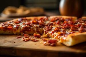 ai generato carne Gli amanti Pizza con Bacon e peperoni su un' di legno piatto, macro tiro foto