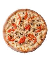 delizioso Pizza con pollo, pomodori e formaggio con sale e salsa foto