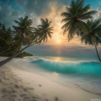 ai generato un' bellissimo tramonto su un' tropicale spiaggia con palma alberi foto