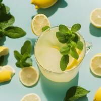 ai generato limonata con menta le foglie su un' blu sfondo foto