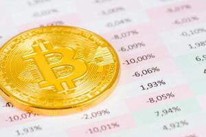 moneta metallica bitcoin con indicatori finanziari negativi foto