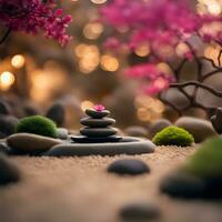 ai generato zen giardino con pietre e rosa fiori foto