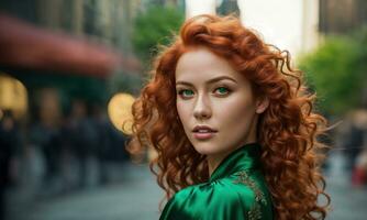 ai generato bellissimo giovane donna con rosso Riccio capelli nel un' verde vestito nel il città a notte. ai generativo foto