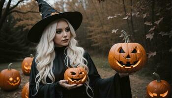 ai generato bellissimo giovane donna nel nero vestito e cappello su il sfondo di Halloween zucche. ai generativo foto