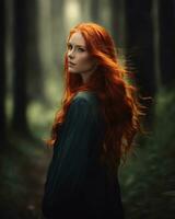 ai generato bellissimo testa Rossa ragazza con lungo Riccio capelli nel un' buio foresta. ai generativo foto