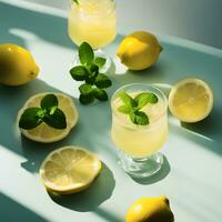 ai generato limonata con menta le foglie su un' blu tavolo foto