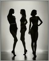 ai generato silhouette di tre donne nel nero e bianca vestiti, studio sparo. ai generativo foto